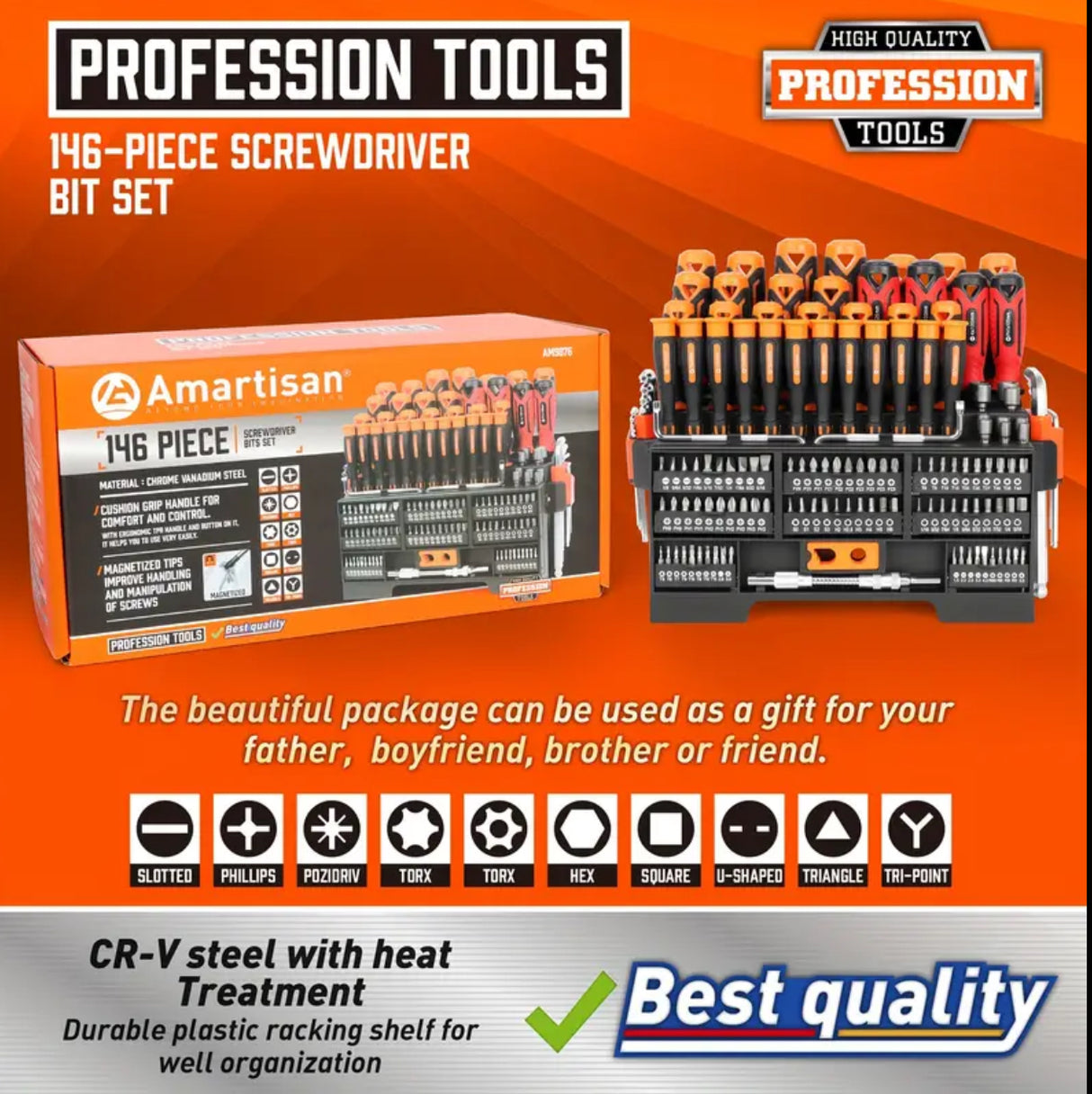 Amartisan 146-Piece Magnetic Screwdriver Tool Set with Plastic Rack - Insulated and Precision Screwdrivers, Magnetizer, Hex Wrenches, Torx Wrenches, Bit Head Set - Chrome Vanadium Steel, Red/Black/Orange, Uncharged