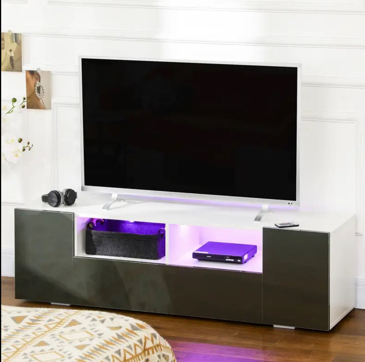 HOMCOM Hochglanz-TV-Schrankständer für Fernseher bis zu 60 Zoll mit LED-Beleuchtung, Entertainment-Center mit Lagerregalen und Schränken, grau