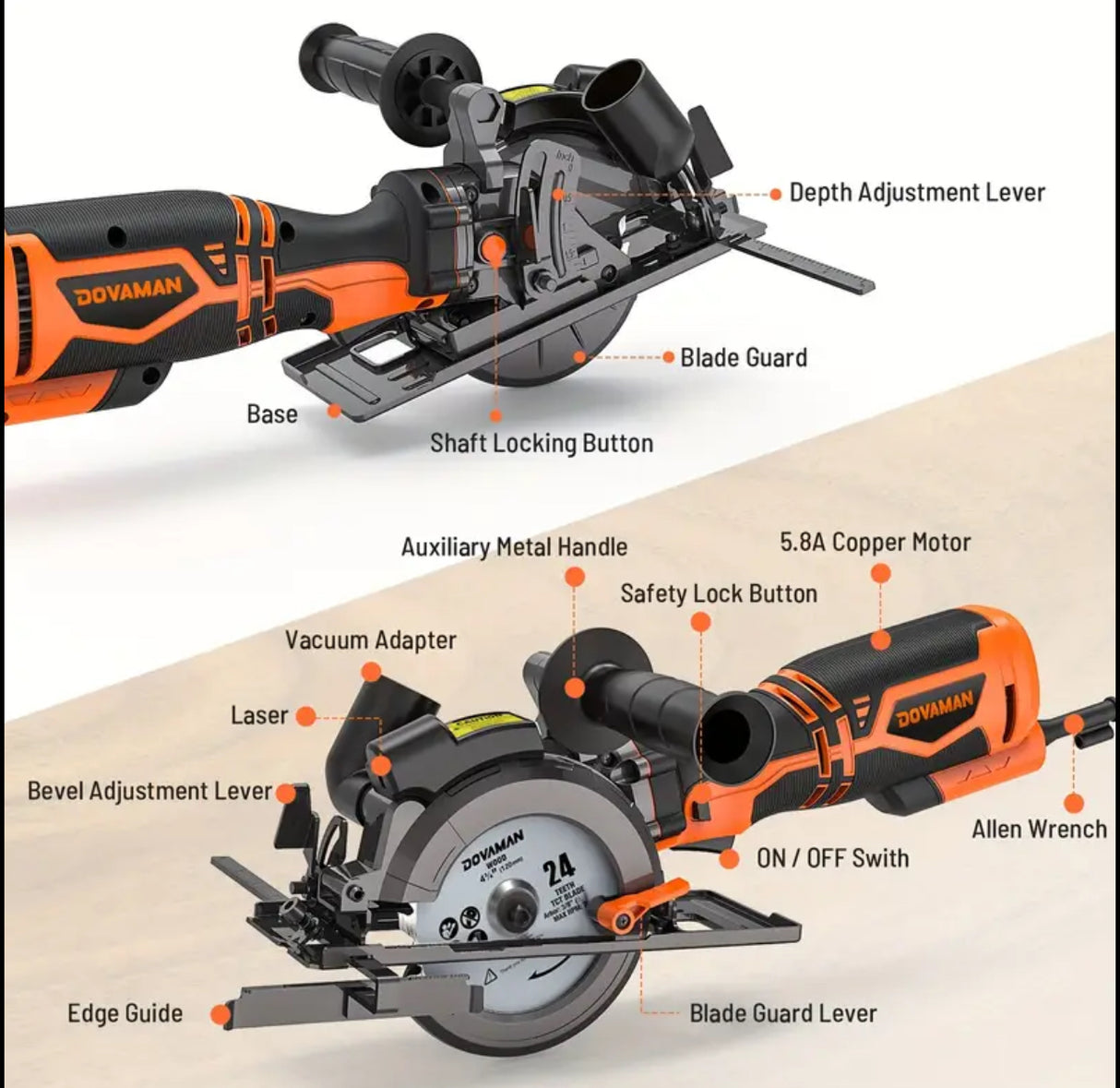 Angle grinder, 5.8A 4-1/2" Circular Saw w/Laser, Metal Auxiliary Handle, 6 Saw Blades (4½", 4¾"), Cutting Depth 1-11/16" (90°), 1-3/8" (45°), Ideal for Wood, Soft Metal, Plastic, Tile