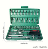 46pcs Ratchet & Socket Wrench Set - 1/4" Drive, Versatile Metric Tools with Extension Bar for Auto Repair & Maintenance - Durable Metal Construction, Light Green