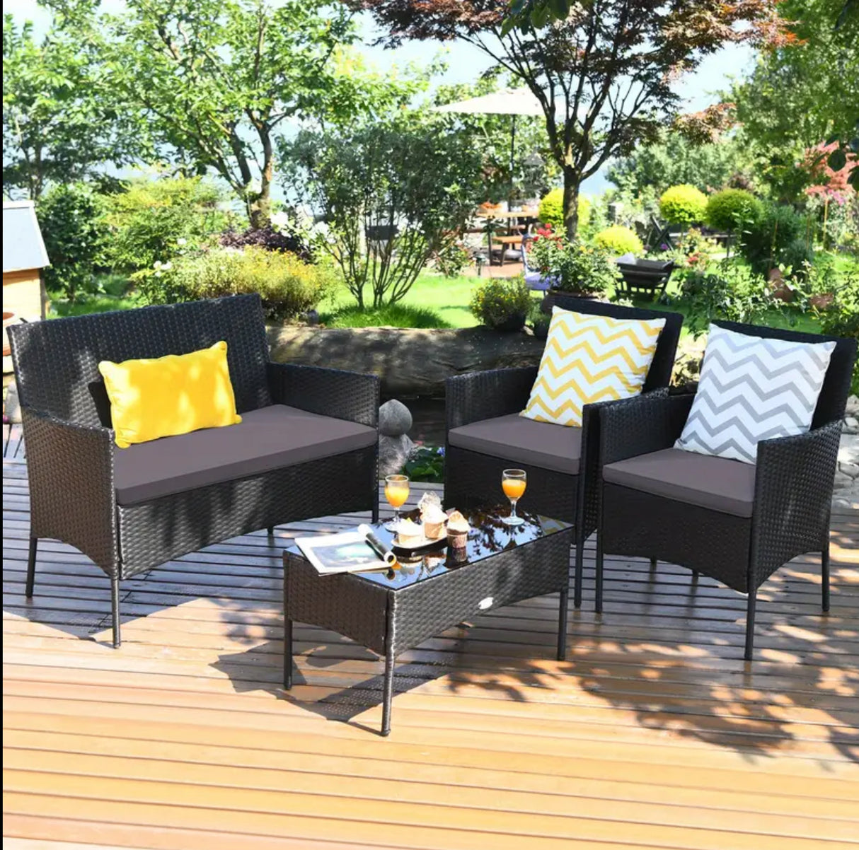 Tangkula 4PCS Patio Rattan Furniture Set Cushioned Sofa Coffee Table Backyard Porch Grey