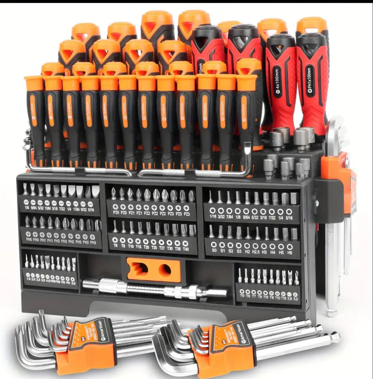 Amartisan 146-Piece Magnetic Screwdriver Tool Set with Plastic Rack - Insulated and Precision Screwdrivers, Magnetizer, Hex Wrenches, Torx Wrenches, Bit Head Set - Chrome Vanadium Steel, Red/Black/Orange, Uncharged