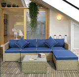 6-teiliges Gartensofa-Set aus PE-Rattan und Korbgeflecht mit dicken Kissen, Deluxe-Gartensofa mit Glastisch, Gelb und Marineblau