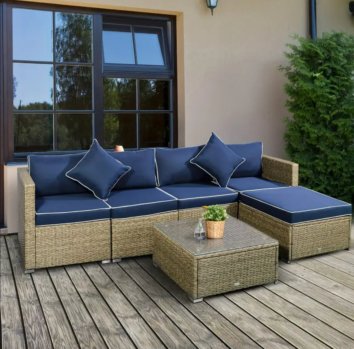 6-teiliges Gartensofa-Set aus PE-Rattan und Korbgeflecht mit dicken Kissen, Deluxe-Gartensofa mit Glastisch, Gelb und Marineblau