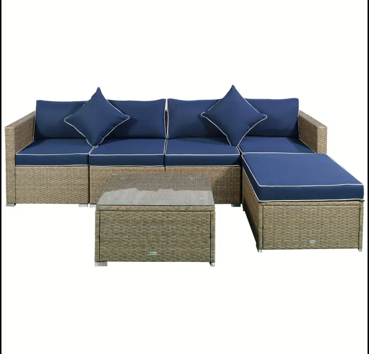 6-teiliges Gartensofa-Set aus PE-Rattan und Korbgeflecht mit dicken Kissen, Deluxe-Gartensofa mit Glastisch, Gelb und Marineblau