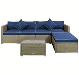 6-teiliges Gartensofa-Set aus PE-Rattan und Korbgeflecht mit dicken Kissen, Deluxe-Gartensofa mit Glastisch, Gelb und Marineblau