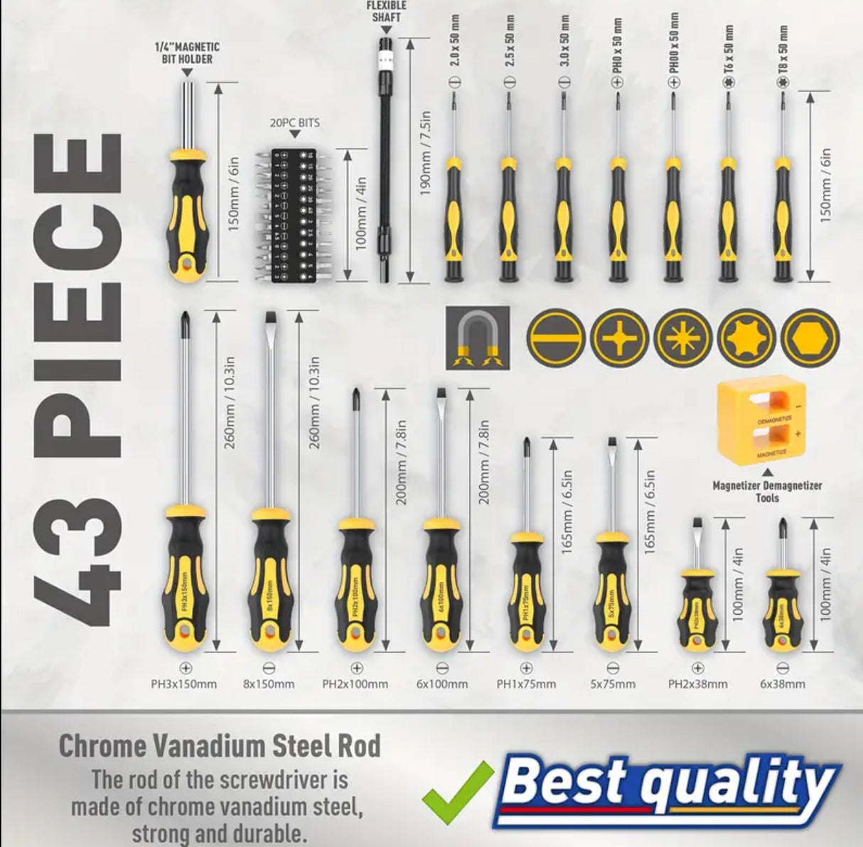 43-teiliges professionelles Schraubendreher-Set mit magnetischem Bithalter – Chrom-Vanadium-Stahl, inkl. Schlitz-, Kreuzschlitz-, Sechskant-, Torx-Bits und Präzisionswerkzeugen – langlebiges Reparaturset für Heimwerker und Industrie