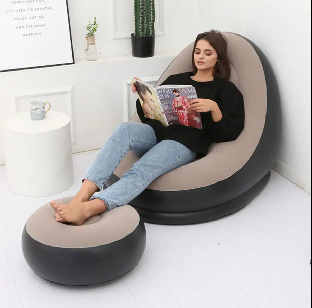 Inflatable Velvet-Lined Sofa with Detachable Footrest - Portable PVC Lazy Lounger for Indoor and Outdoor Relaxation, Foldable Reclining Lounge Chair for Camping, Home Leisure