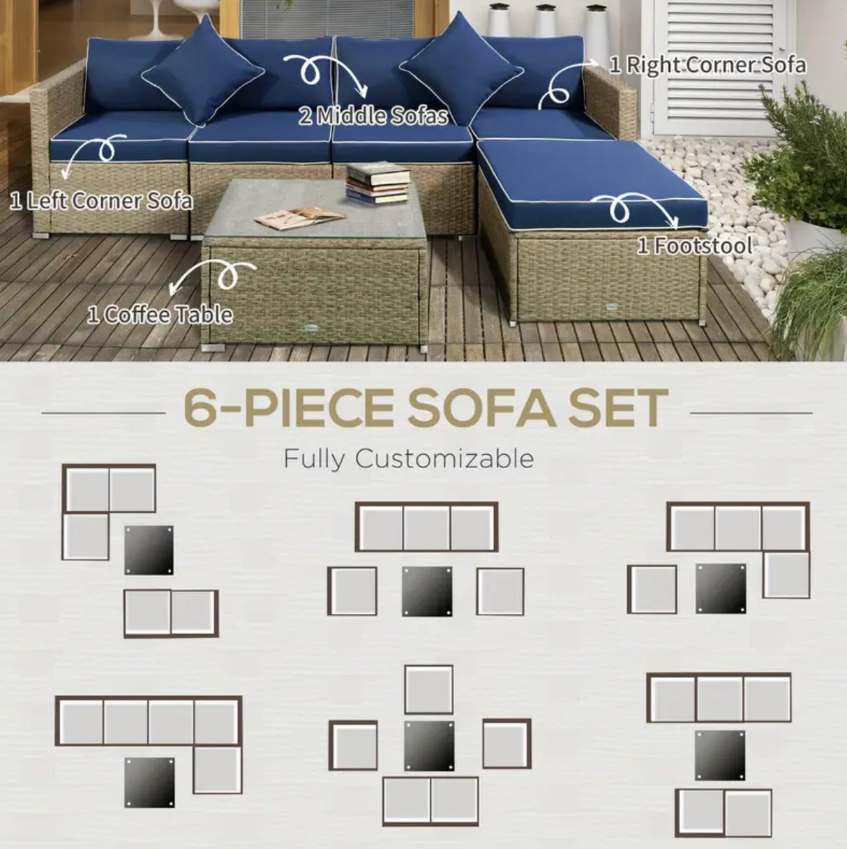 6-teiliges Gartensofa-Set aus PE-Rattan und Korbgeflecht mit dicken Kissen, Deluxe-Gartensofa mit Glastisch, Gelb und Marineblau