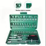 46pcs Ratchet & Socket Wrench Set - 1/4" Drive, Versatile Metric Tools with Extension Bar for Auto Repair & Maintenance - Durable Metal Construction, Light Green