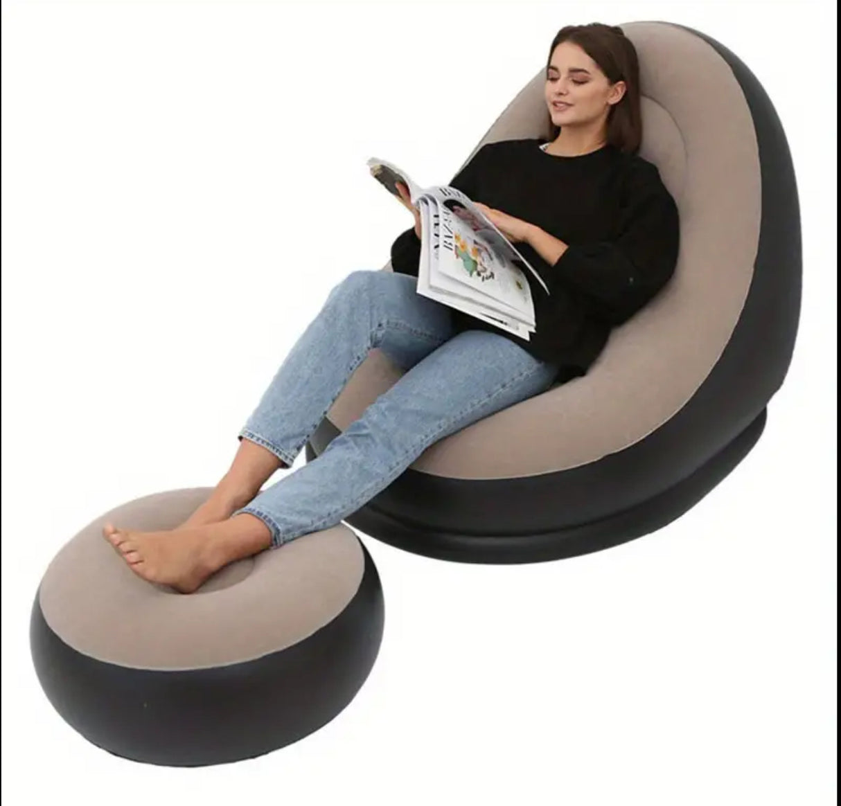 Inflatable Velvet-Lined Sofa with Detachable Footrest - Portable PVC Lazy Lounger for Indoor and Outdoor Relaxation, Foldable Reclining Lounge Chair for Camping, Home Leisure