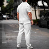 Polo Collar Solid Color Short Sleeve Button Trousers Men's Casual Shirt Outfit