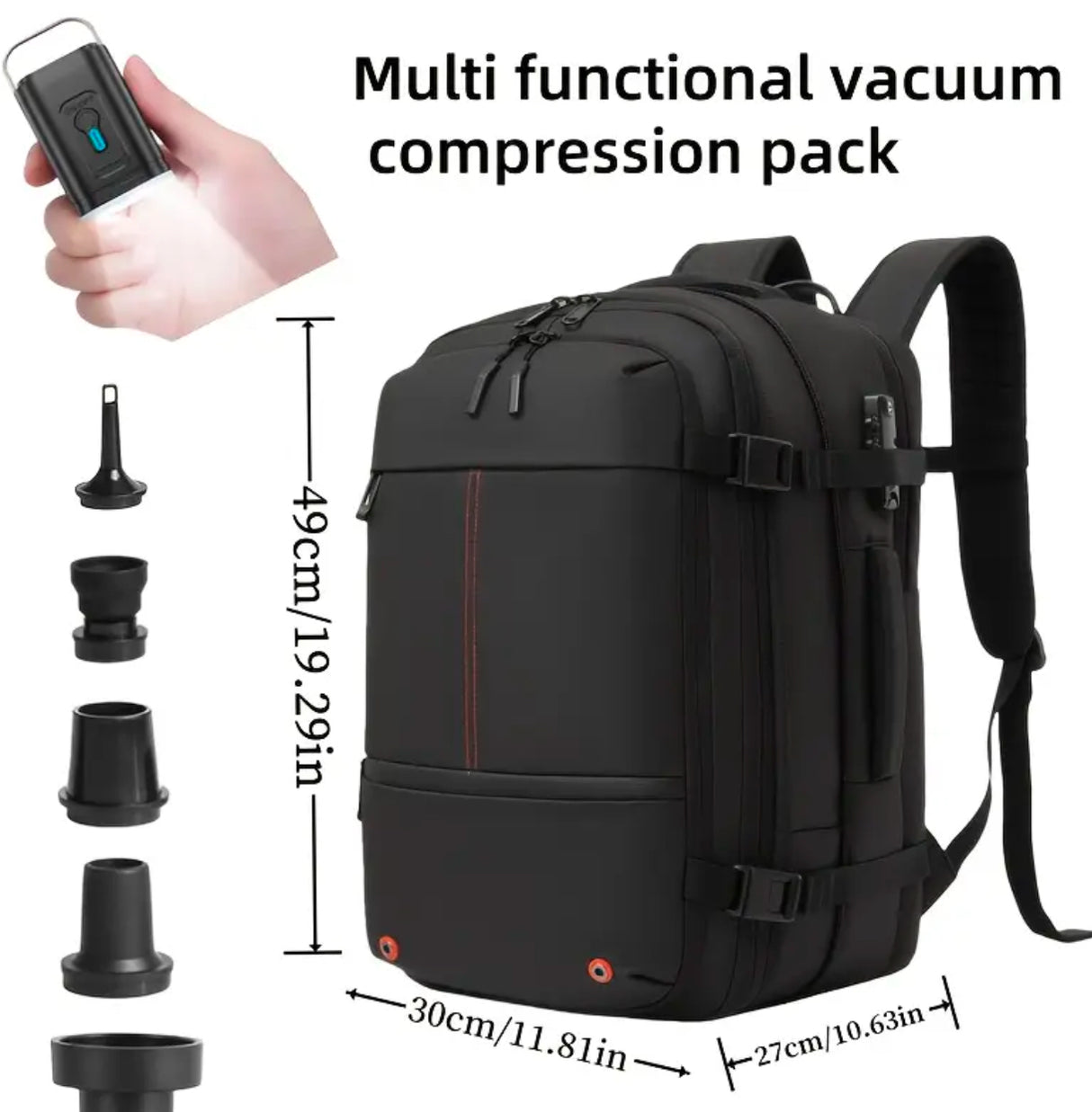 Large Capacity Multifunctional Backpack with Vacuum Compression - Lightweight & Durable Nylon, USB-Powered, Illuminated Air Pump Compatible - Perfect for Outdoor Adventures, Business Trips & Camping - Black, Travel Backpack