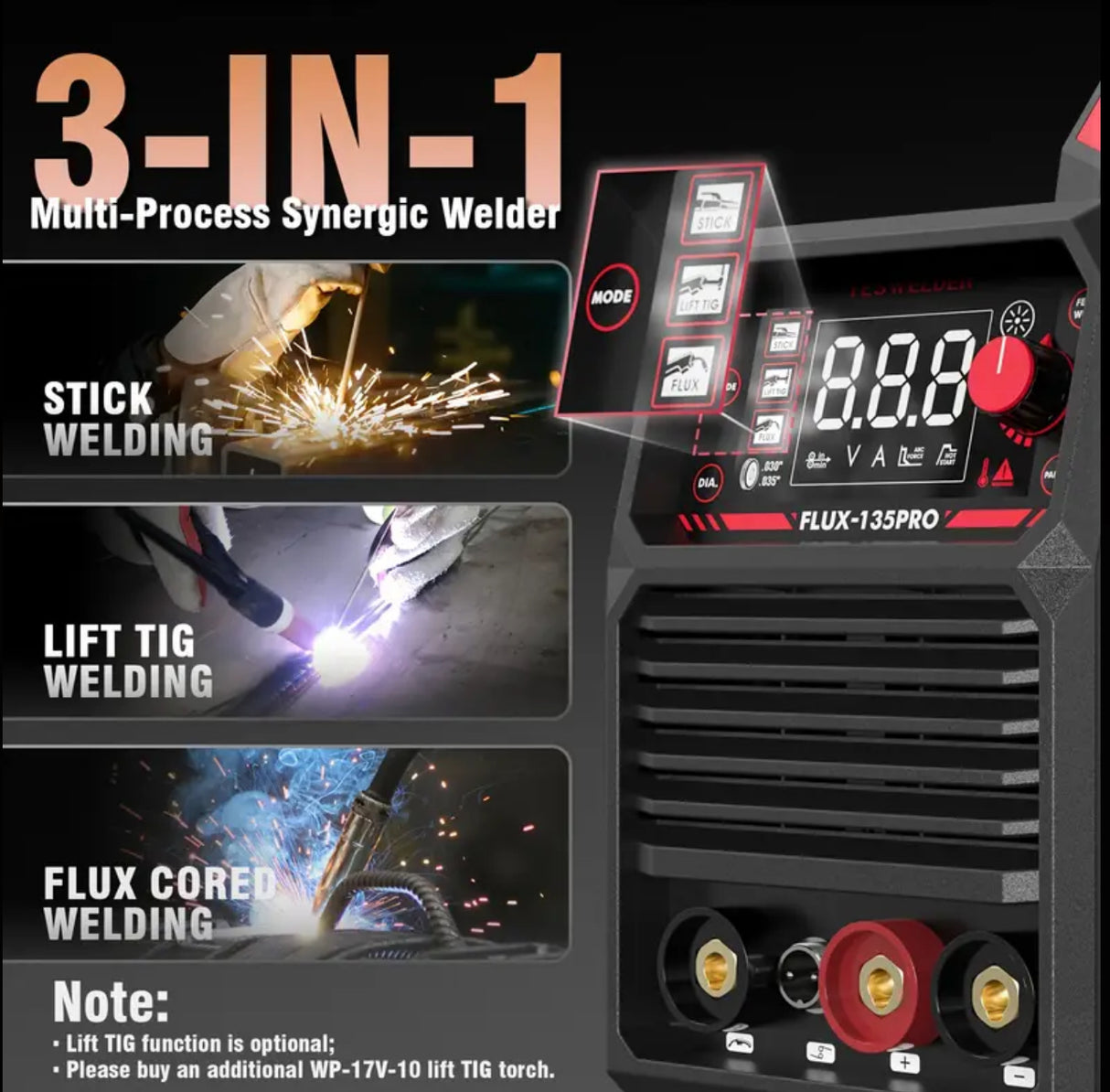 135Amp MIG Welder, 3-in-1 Flux Core Welder, 110V MIG/Lift TIG/Stick Welding Machine tools with Large LED Display And IGBT Inverter Technology