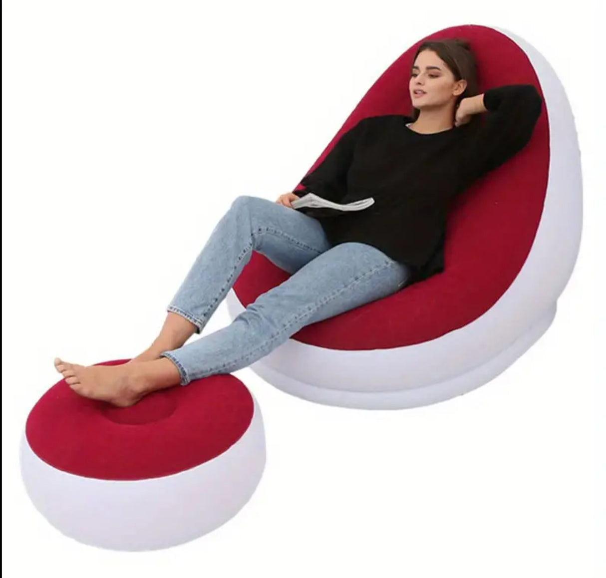 Inflatable Velvet-Lined Sofa with Detachable Footrest - Portable PVC Lazy Lounger for Indoor and Outdoor Relaxation, Foldable Reclining Lounge Chair for Camping, Home Leisure