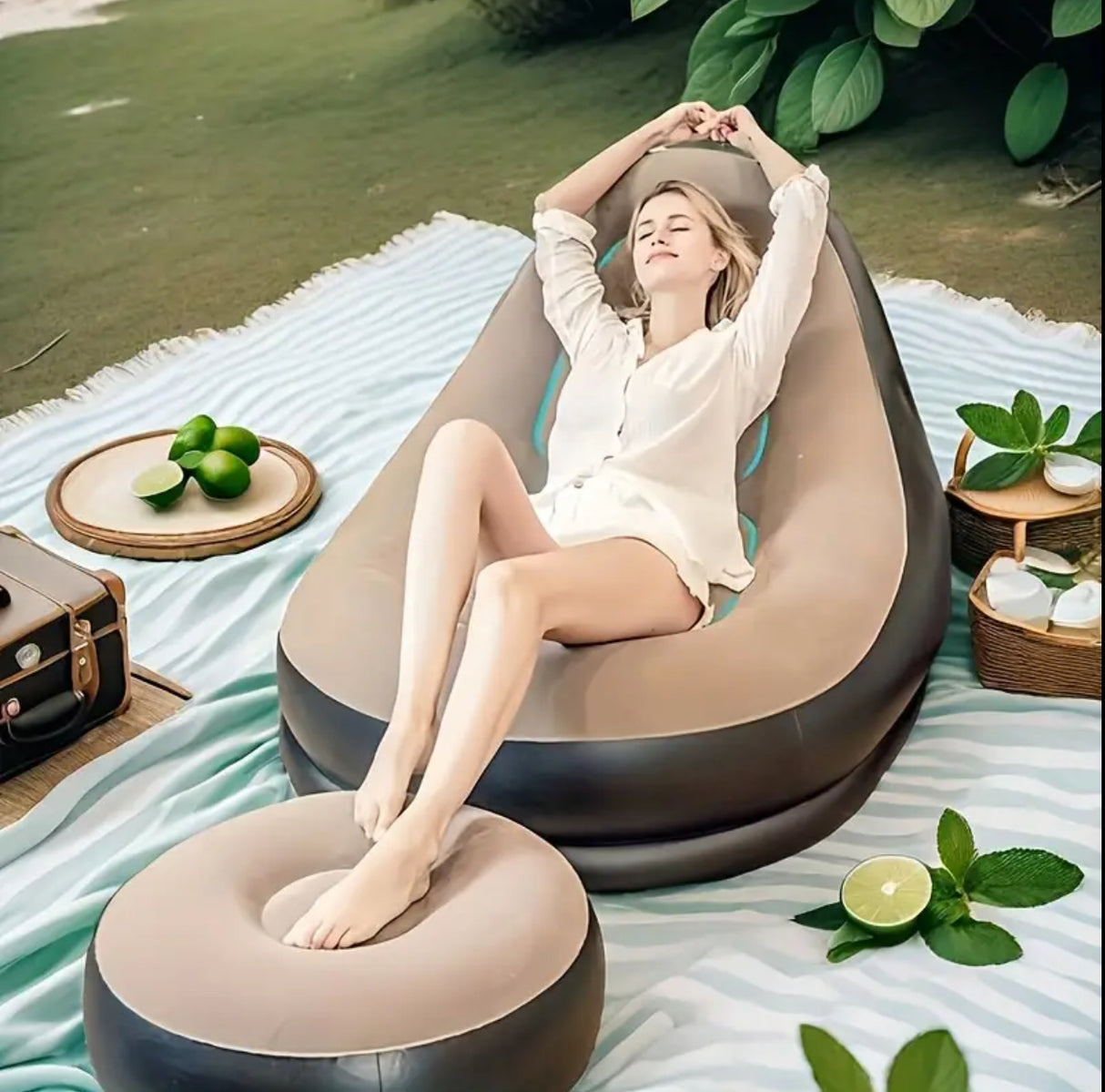 Inflatable Velvet-Lined Sofa with Detachable Footrest - Portable PVC Lazy Lounger for Indoor and Outdoor Relaxation, Foldable Reclining Lounge Chair for Camping, Home Leisure