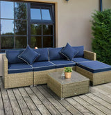 6-teiliges Gartensofa-Set aus PE-Rattan und Korbgeflecht mit dicken Kissen, Deluxe-Gartensofa mit Glastisch, Gelb und Marineblau