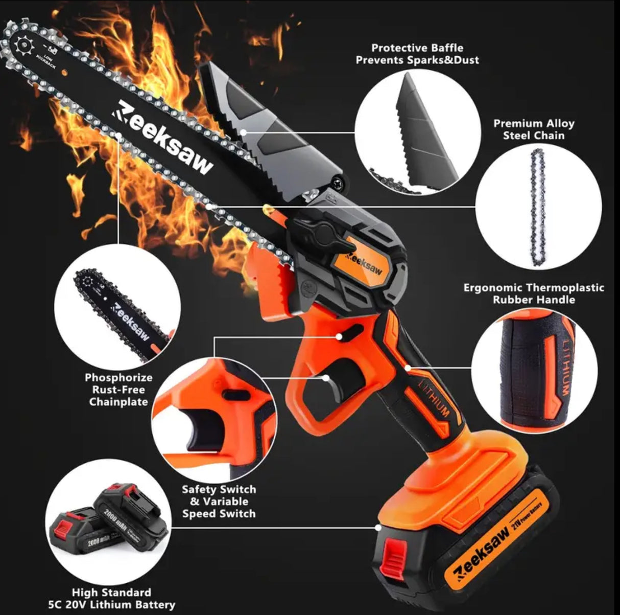 Zeeksaw 6 inch Electric Chaisnaw Cordless with 2pcs 2.0Ah Battery, Handheld Mini Electric Power Chain Saw for Tree Trimming Wood Cutting, tools