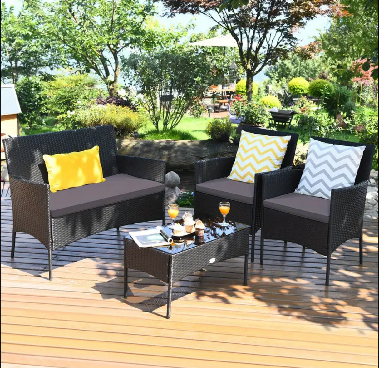 Tangkula 4PCS Patio Rattan Furniture Set Cushioned Sofa Coffee Table Backyard Porch Grey