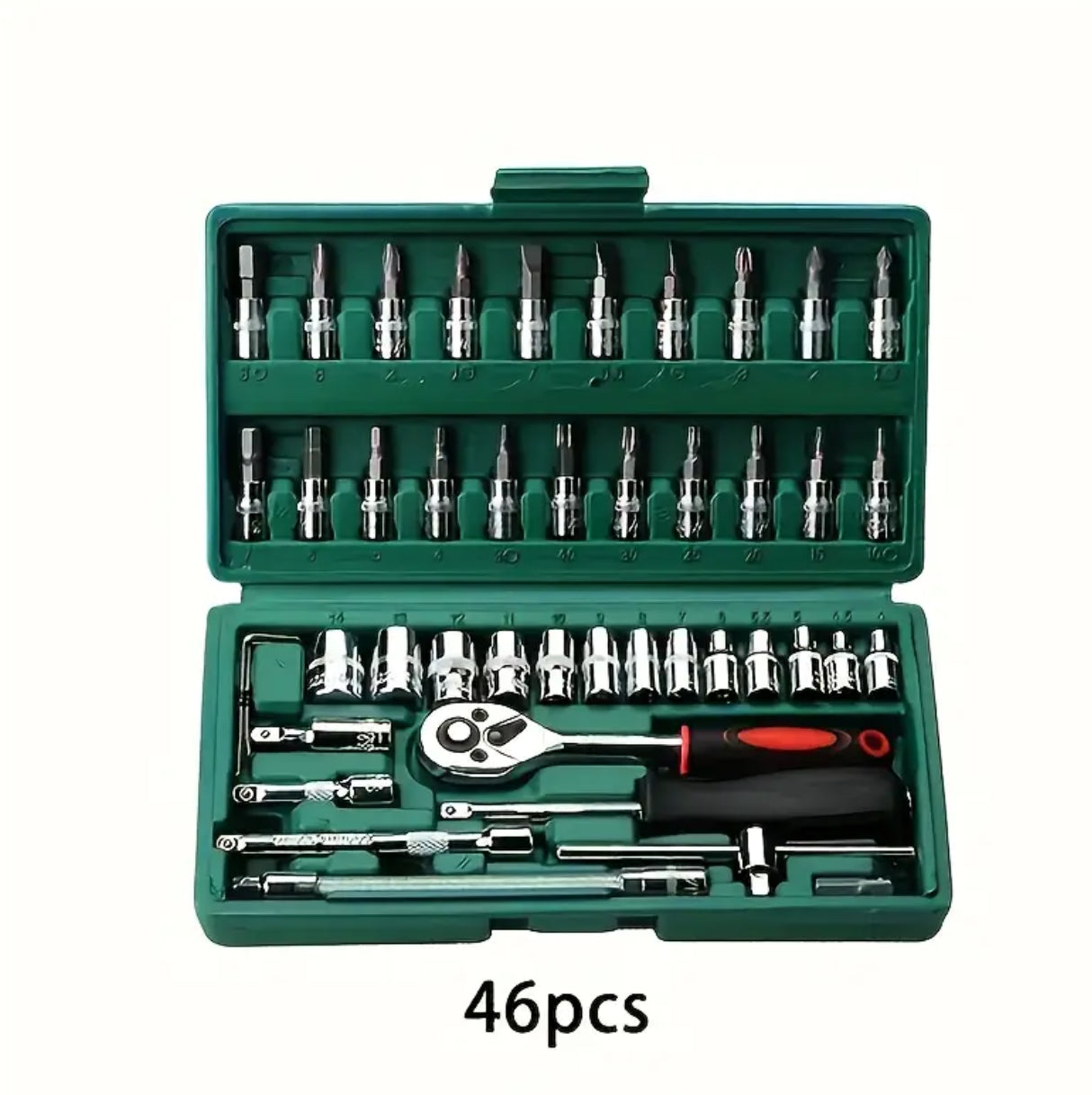 46pcs Ratchet & Socket Wrench Set - 1/4" Drive, Versatile Metric Tools with Extension Bar for Auto Repair & Maintenance - Durable Metal Construction, Light Green