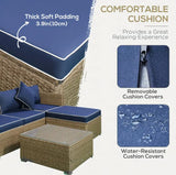 6-teiliges Gartensofa-Set aus PE-Rattan und Korbgeflecht mit dicken Kissen, Deluxe-Gartensofa mit Glastisch, Gelb und Marineblau