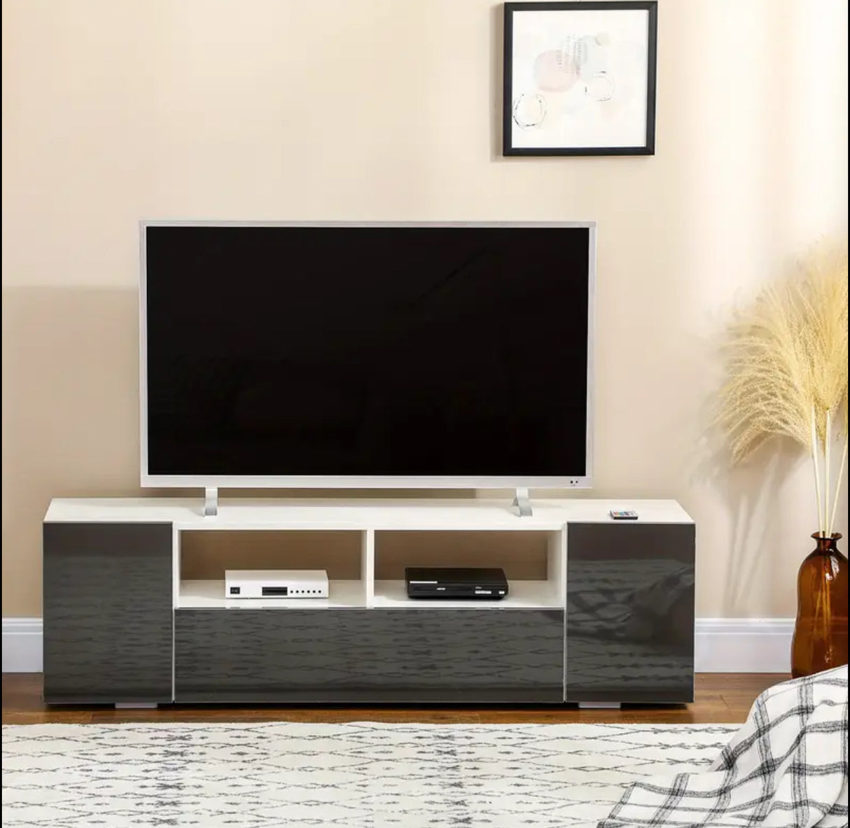 HOMCOM Hochglanz-TV-Schrankständer für Fernseher bis zu 60 Zoll mit LED-Beleuchtung, Entertainment-Center mit Lagerregalen und Schränken, grau