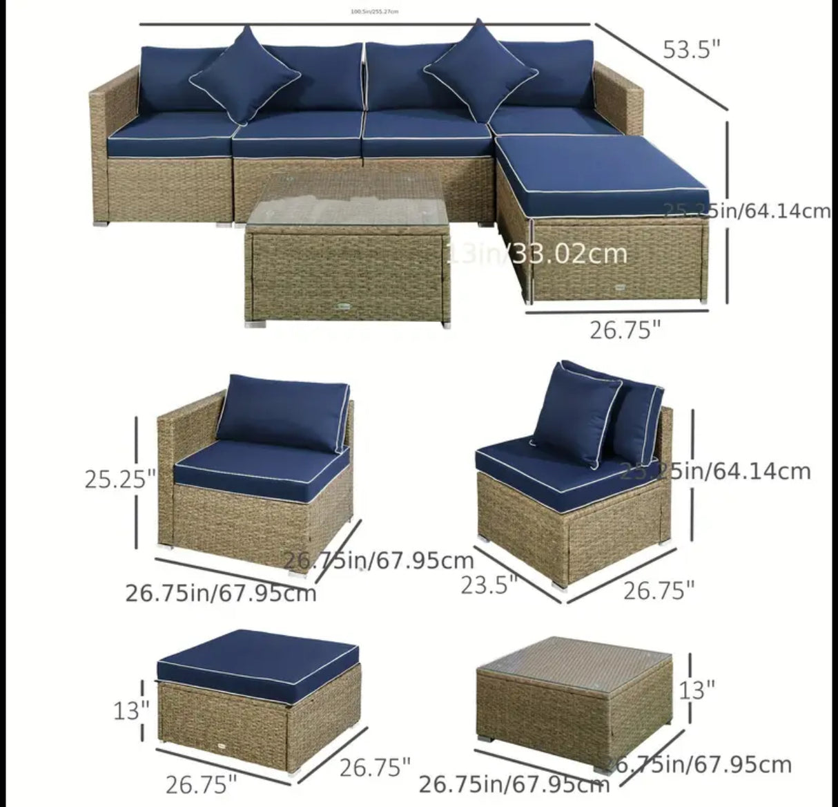 6-teiliges Gartensofa-Set aus PE-Rattan und Korbgeflecht mit dicken Kissen, Deluxe-Gartensofa mit Glastisch, Gelb und Marineblau