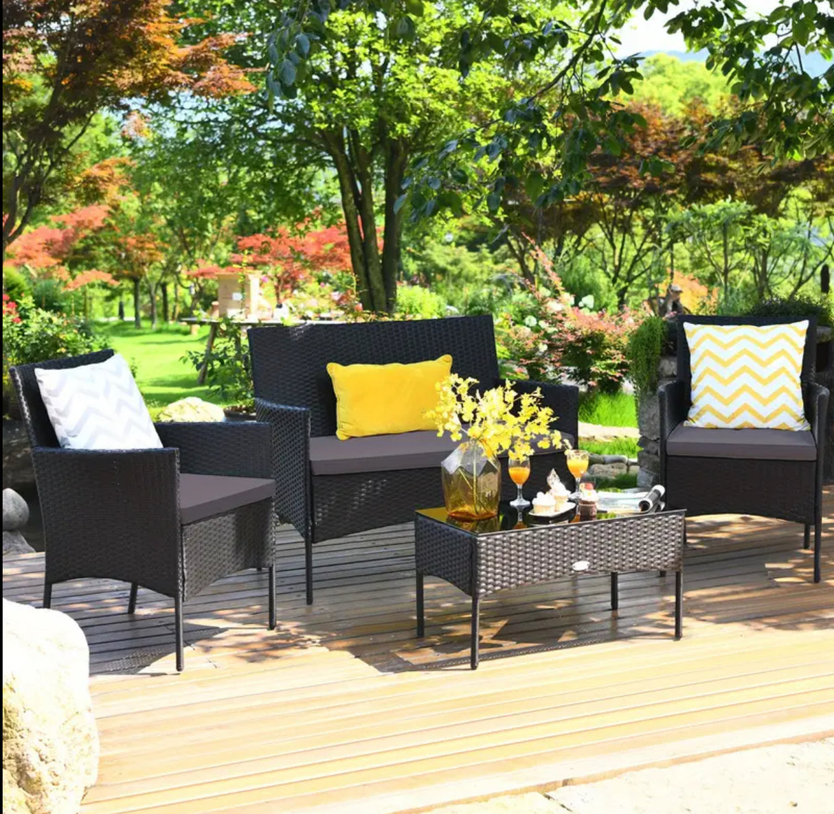 Tangkula 4PCS Patio Rattan Furniture Set Cushioned Sofa Coffee Table Backyard Porch Grey