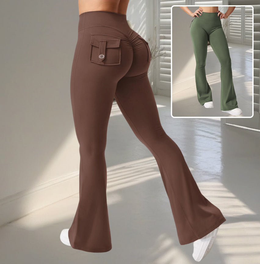 Yoga Fitness Schlaghose mit Taschen Ins Fashion Schlanke Sporthose mit hoher Taille Scrunch Butt Booty Workout Lifting Leggings