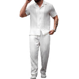 Polo Collar Solid Color Short Sleeve Button Trousers Men's Casual Shirt Outfit