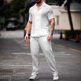 Polo Collar Solid Color Short Sleeve Button Trousers Men's Casual Shirt Outfit